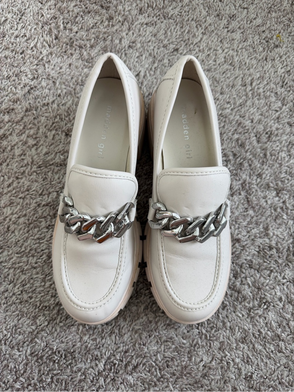 Madden Girl Cream Loafers with Silver Chain Accent
